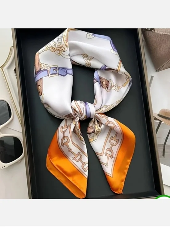 Silk-Feel Orange Border Chain & Strap Print Scarf - Picture 2 of 3
